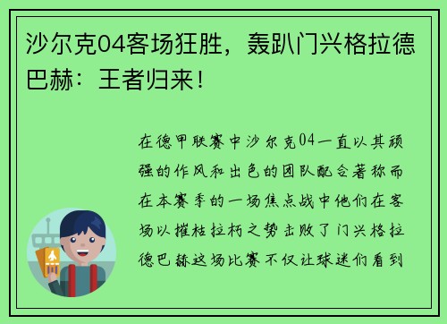 沙尔克04客场狂胜，轰趴门兴格拉德巴赫：王者归来！